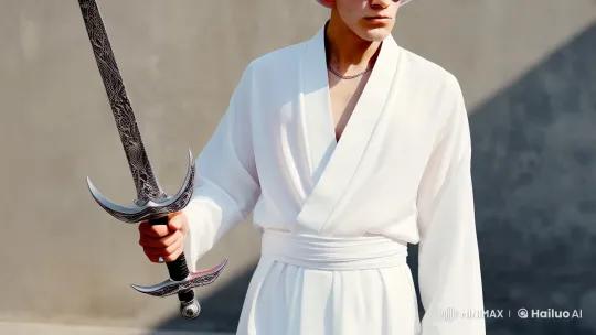 White Ninja with Mythical Sword in Minimalist Setting – AI Generated Video | Hailuo AI