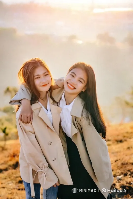Friends Embrace in Serene Sunrise Landscape – AI Generated Video | Hailuo AI