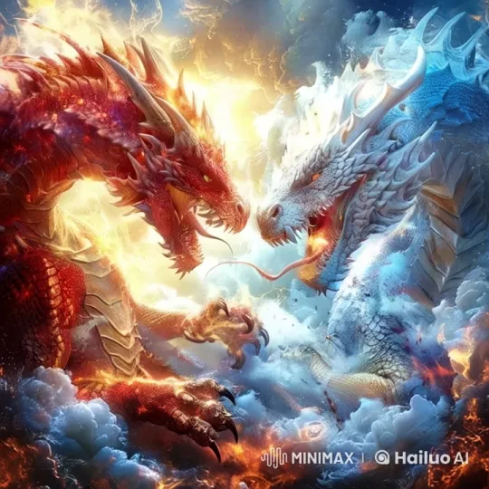 Colossal Dragons Clash in Fiery-Icy Sky Showdown – AI Generated Video | Hailuo AI