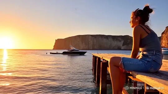 Contemplative Woman on Dock Amidst Serene Seaside Scene – AI Generated Video | Hailuo AI