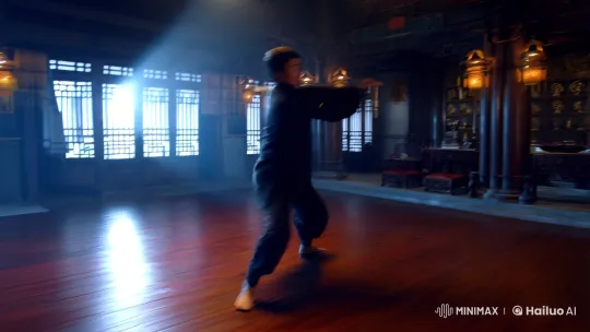 Martial Artist Showcases Mastery in Atmospheric Dojo Scene – AI Generated Video | Hailuo AI