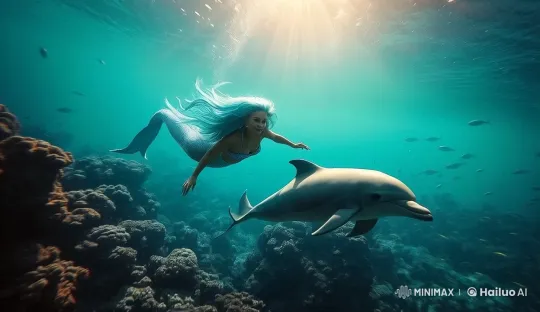 Mermaid and Dolphin Swim in Serene Underwater Live2D Scene – AI Generated Video | Hailuo AI