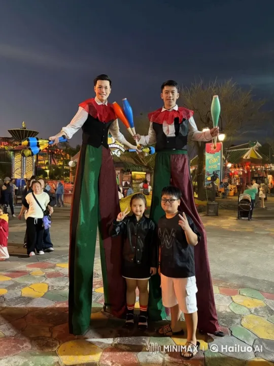 Children Pose with Stilt Performers at Lively Amusement Park – AI Generated Video | Hailuo AI