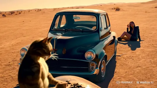 Muscular Cat Repairs Classic Car in Desert, Girlfriend Watches – AI Generated Video | Hailuo AI