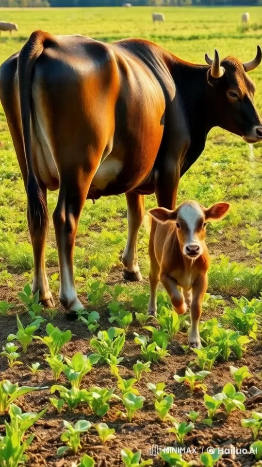 Diligent Cow Waters Crops as Calf Plays in Golden Light – AI Generated Video | Hailuo AI