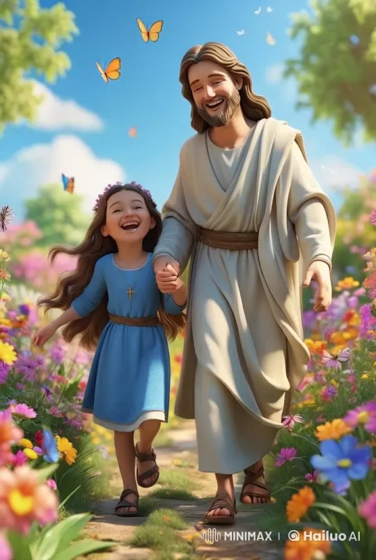 Joyful Walk with Jesus in a Flower Garden – AI Generated Video | Hailuo AI