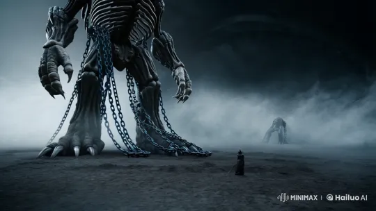 Apocalyptic Colossus Chained in Foggy Ruins with a Hero's Stand – AI Generated Video | Hailuo AI