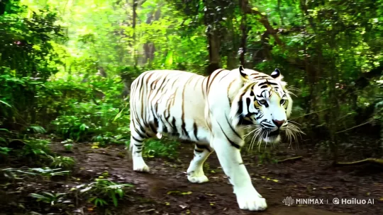 White Tiger Glides Through Verdant Jungle – AI Generated Video | Hailuo AI