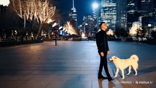 City Serenade: Man and Dog's Night Walk – AI Generated Video | Hailuo AI