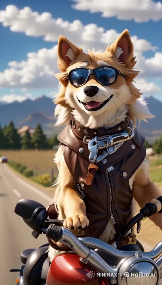Stylish Biker Dog: Golden or Husky on Motorcycle Adventure – AI Generated Video | Hailuo AI