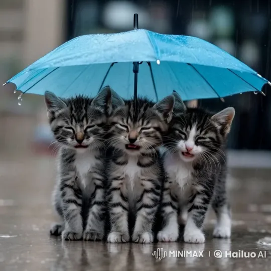 Adorable Kittens Shelter Under Umbrella in Rain – AI Generated Video | Hailuo AI