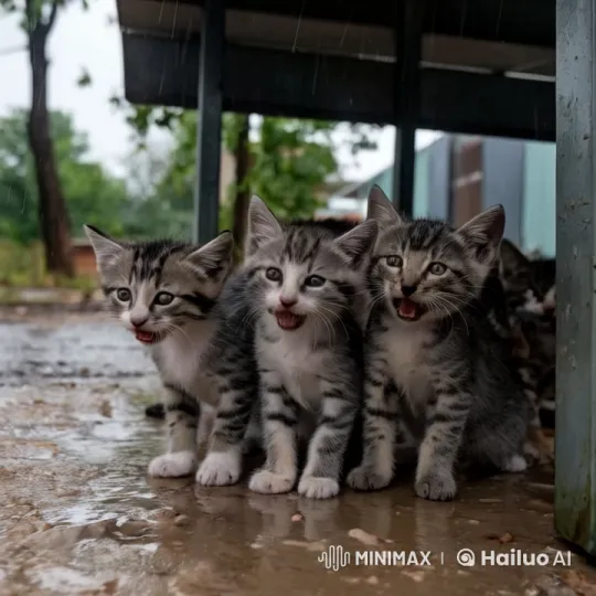 Adorable Kittens Explore Shelter on Rainy Day – AI Generated Video | Hailuo AI