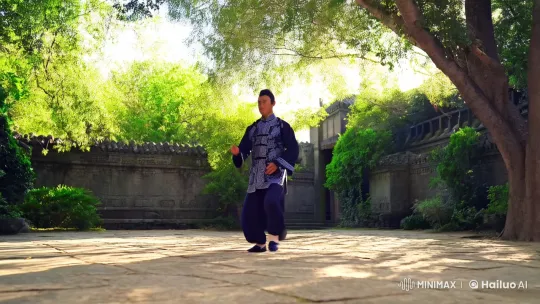 Kung Fu Master Demonstrates Graceful Combat in Tranquil Courtyard – AI Generated Video | Hailuo AI
