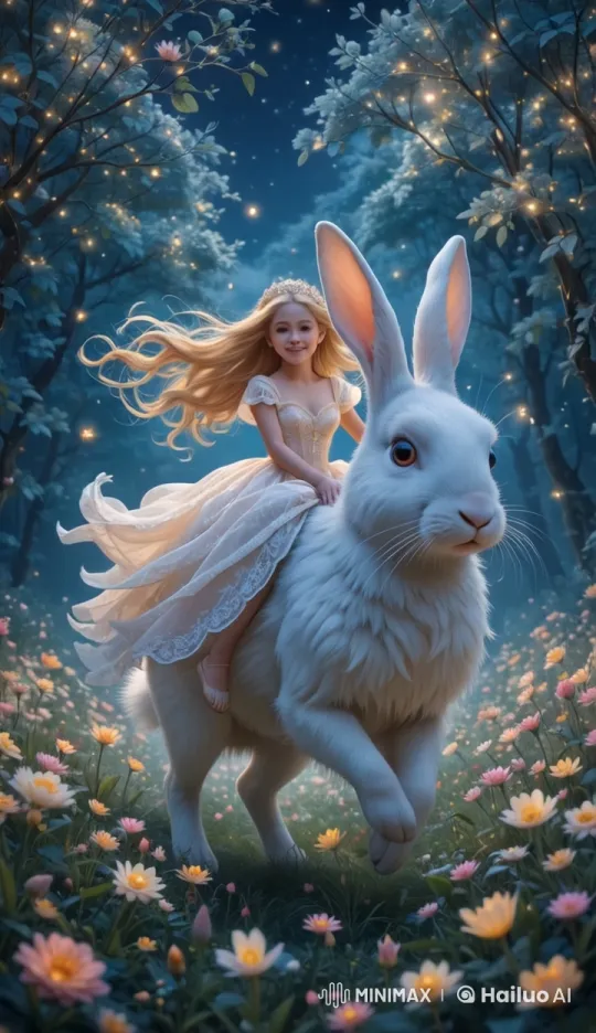 Enchanted Flight: Woman and Giant Rabbit in Starlit Forest – AI Generated Video | Hailuo AI