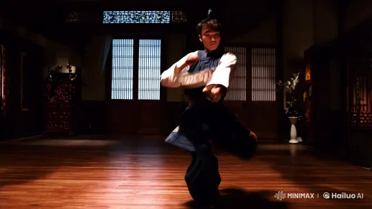 Martial Artist's Intense Display in Atmospheric Dojo – AI Generated Video | Hailuo AI