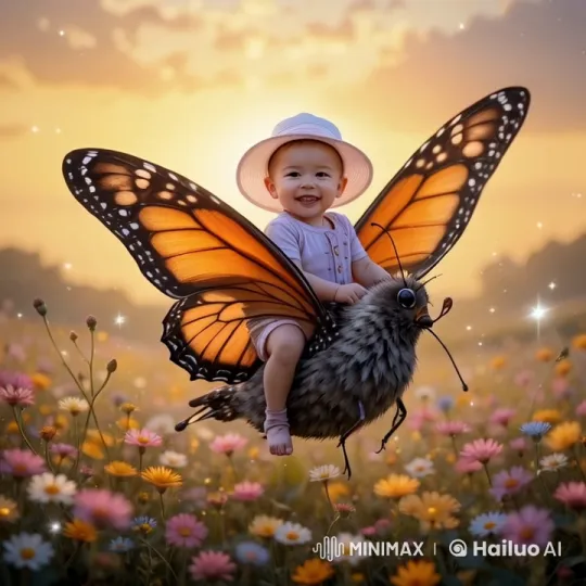 Child on Butterfly Over Enchanted Flower Field at Sunset – AI Generated Video | Hailuo AI