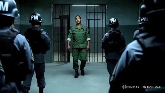 Military Prison Arrival: Camouflaged Man's Determined Walk – AI Generated Video | Hailuo AI