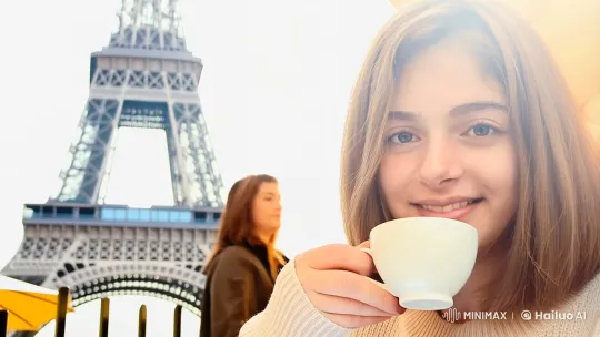 Parisian Cafe Serenity: Woman Enjoying Coffee with Eiffel Tower – AI Generated Video | Hailuo AI