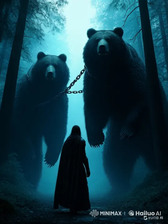 Man Battles Enormous Bears in Misty Forest Scene – AI Generated Video | Hailuo AI