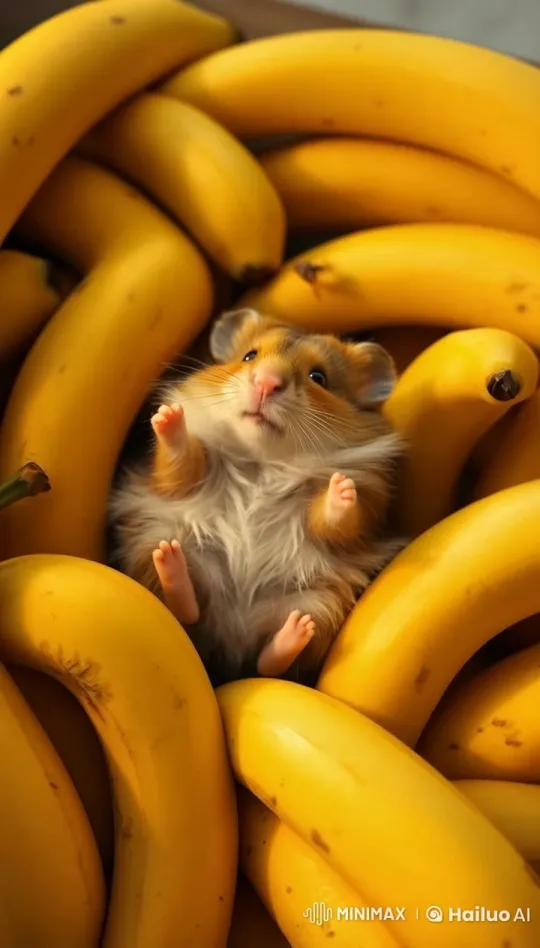 Adorable Hamster Sleeps Among Bananas in 4K Slow Motion – AI Generated Video | Hailuo AI