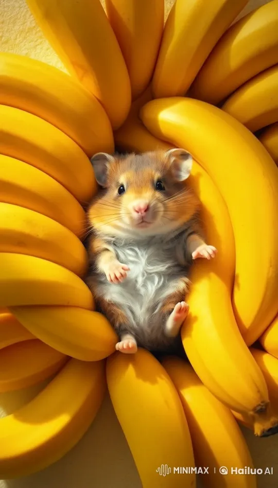 Adorable Hamster Naps Among Bananas in 4K Slow Motion – AI Generated Video | Hailuo AI