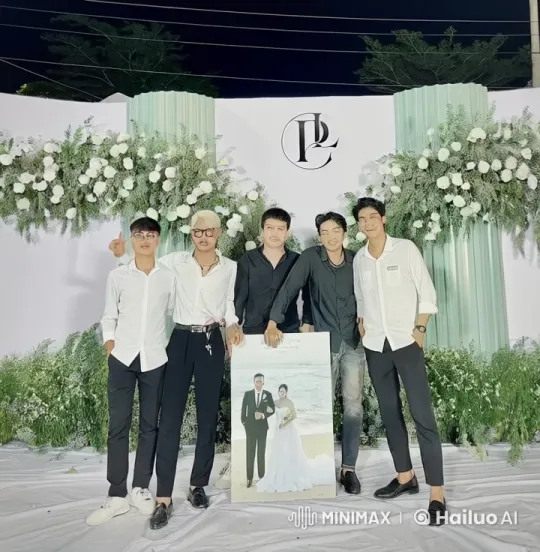 Men Celebrating at Wedding with Photo of Couple – AI Generated Video | Hailuo AI
