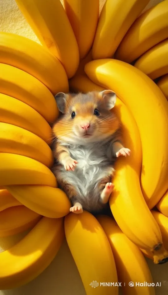 Fluffy Hamster Nests Among Bananas in 4K Slow Motion – AI Generated Video | Hailuo AI