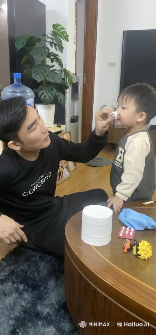 Boy Practices Martial Arts with Adult in Living Room – AI Generated Video | Hailuo AI