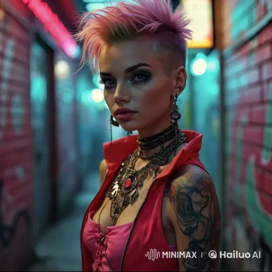 Urban Alley Portrait with Neon Lights and Graffiti – AI Generated Video | Hailuo AI