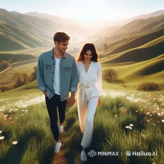 Romantic Couple Walking on a Flowered Hilltop – AI Generated Video | Hailuo AI