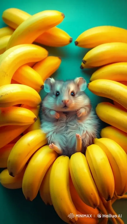 Cute Hamster Nests Among Bananas in 4K Slow Motion – AI Generated Video | Hailuo AI