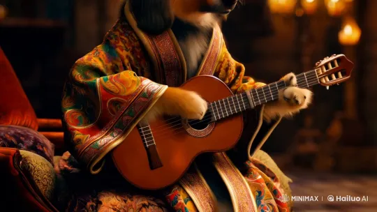 Dog in Robe Plays Vintage Guitar in Intimate Scene – AI Generated Video | Hailuo AI