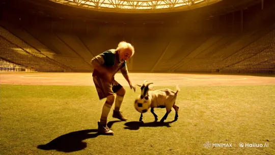 Elderly Man Plays Football with Goat in Surreal Stadium – AI Generated Video | Hailuo AI