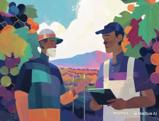 Men Discussing in a Lively Vineyard Setting – AI Generated Video | Hailuo AI