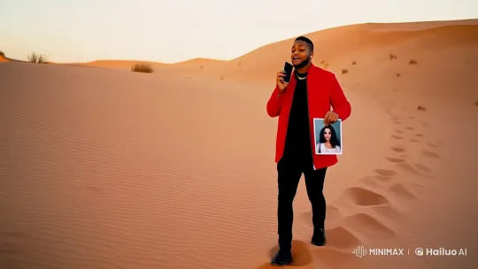 Man Reflects on Love in Desert, Singing Softly – AI Generated Video | Hailuo AI