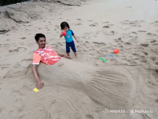 Sand Mermaid and Child Engage in Playful Kungfu Fight on Beach – AI Generated Video | Hailuo AI