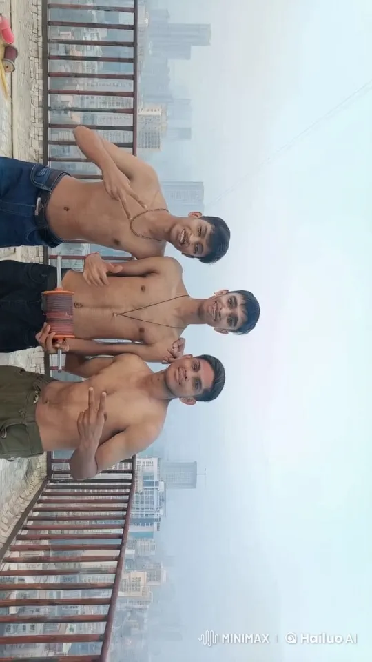 Three Men Share Intimate Kisses on Rooftop – AI Generated Video | Hailuo AI