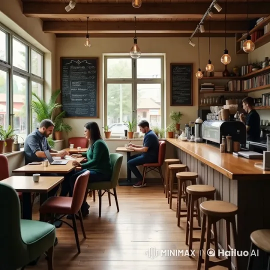 Cozy Coffee Shop Ambiance with People Working – AI Generated Video | Hailuo AI