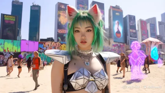 Cyberpunk Festival: Rebel Woman on Vibrant Beach – AI Generated Video | Hailuo AI
