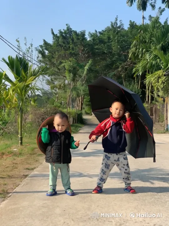 Children's Playful Fight with Umbrella in Village Setting – AI Generated Video | Hailuo AI