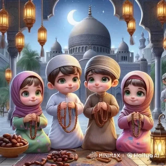 Children Praying by Night at Grand Mosque Courtyard – AI Generated Video | Hailuo AI