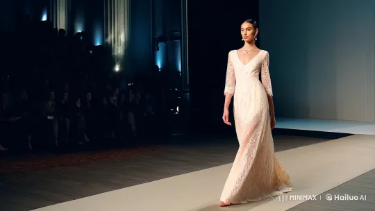 Luxurious Fashion Show: Elegant Model on Dimly Lit Stage – AI Generated Video | Hailuo AI