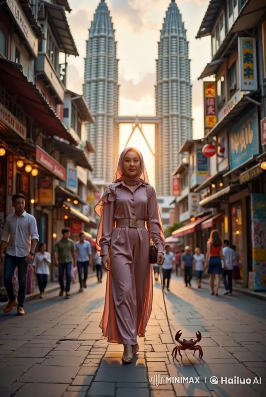 Woman Walks with Giant Crab on Bustling Street – AI Generated Video | Hailuo AI
