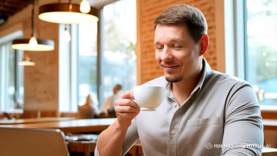 Casual Man Enjoying Coffee in Cozy Coffee Shop – AI Generated Video | Hailuo AI