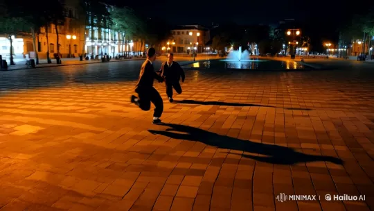 Synchronized High-Flying Kick in Night Square Scene – AI Generated Video | Hailuo AI