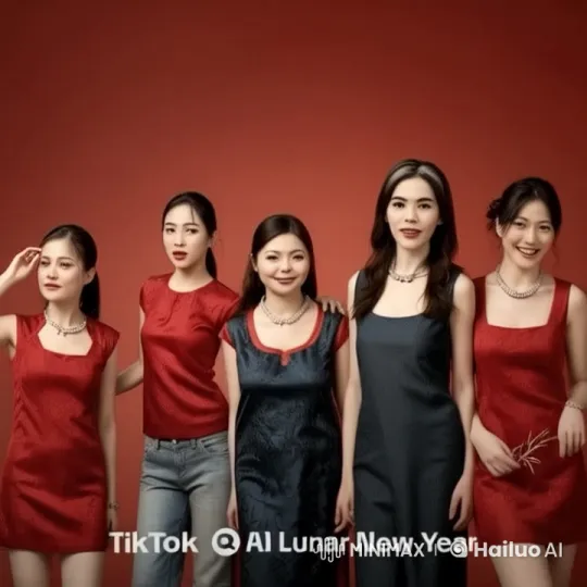 Lunar New Year Celebration: Five Women in Festive Red – AI Generated Video | Hailuo AI