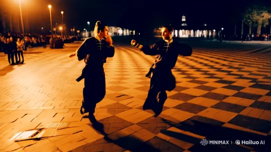 Synchronized High-Flying Kick in Nocturnal Martial Arts Scene – AI Generated Video | Hailuo AI