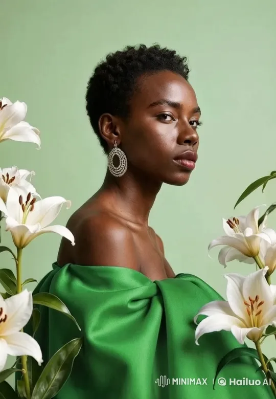 Ghanaian Lady Poses with Lilies in Elegant Green Scene – AI Generated Video | Hailuo AI