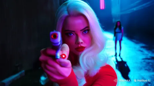 Stylish Femme Fatale in Neon Alley Shootout – AI Generated Video | Hailuo AI