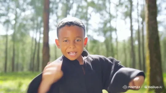 Young Boy Showcases Martial Arts Skills in Serene Forest – AI Generated Video | Hailuo AI